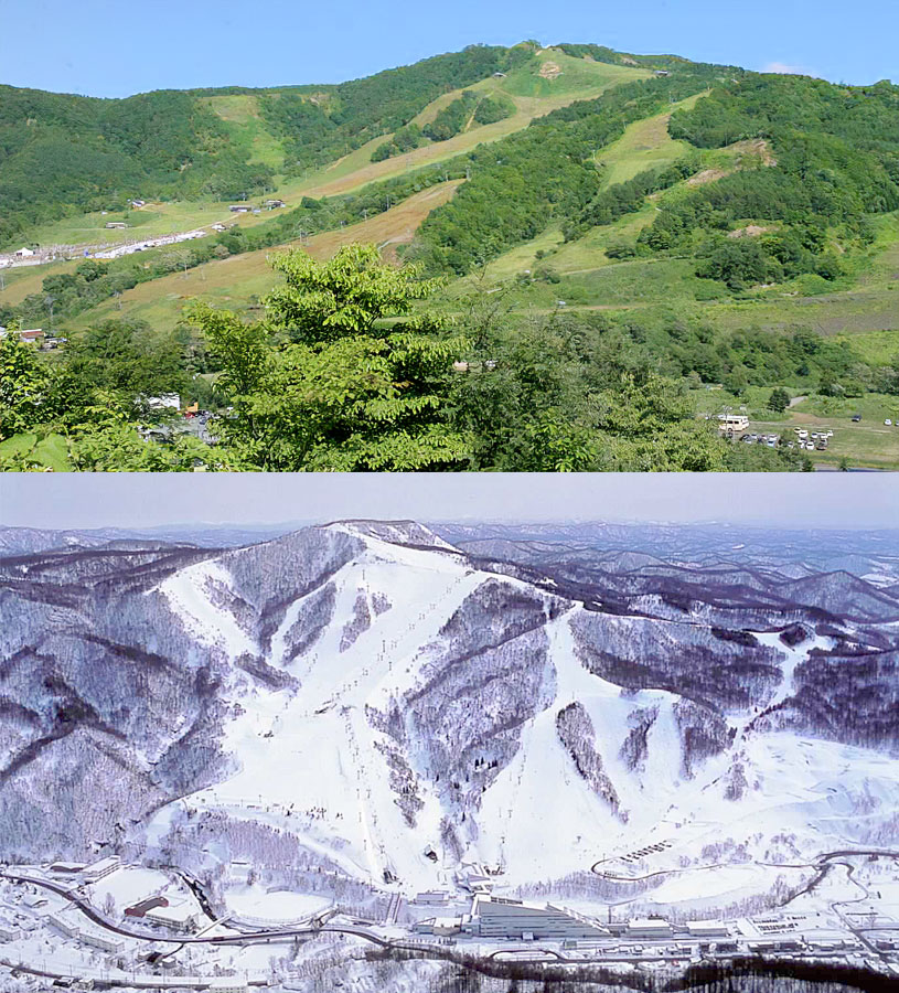夏の冷水山（上）と冬のマウントレースイ（下）